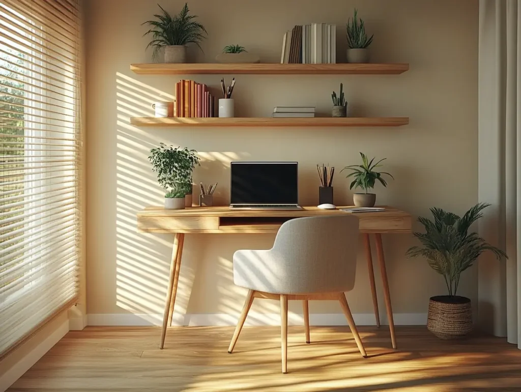 A cosy, modern small home office set up in a corner of a living room, compact wooden desk with laptop, ergonomic chair, natural sunlight from a nearby window, minimalistic décor, floating shelves with plants and books, warm and inviting atmosphere