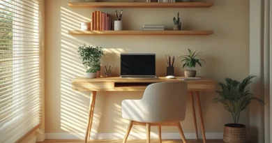 A cosy, modern small home office set up in a corner of a living room, compact wooden desk with laptop, ergonomic chair, natural sunlight from a nearby window, minimalistic décor, floating shelves with plants and books, warm and inviting atmosphere