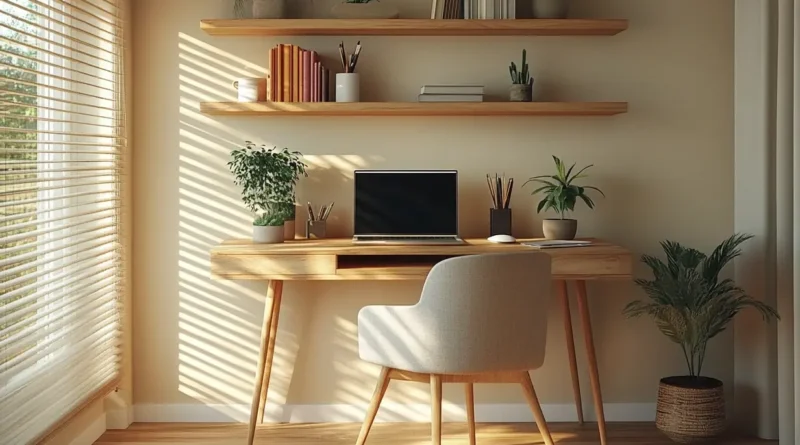 A cosy, modern small home office set up in a corner of a living room, compact wooden desk with laptop, ergonomic chair, natural sunlight from a nearby window, minimalistic décor, floating shelves with plants and books, warm and inviting atmosphere