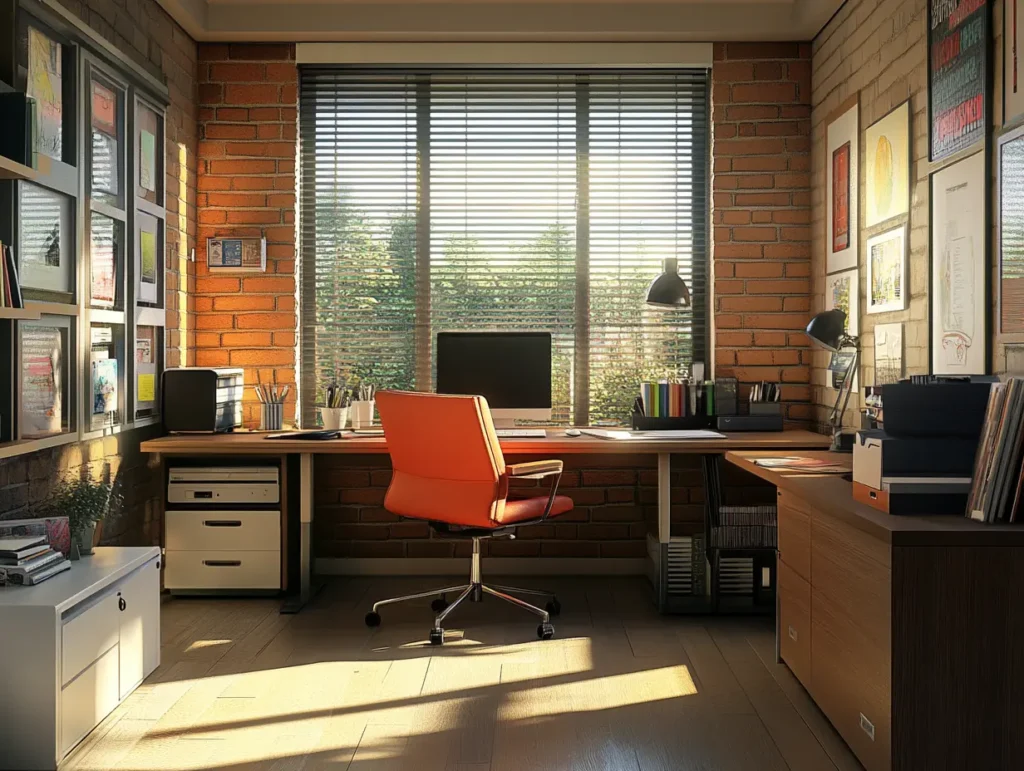 modern office set up - a bright window lights the room