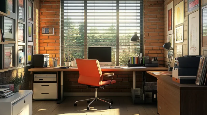 modern office set up - a bright window lights the room
